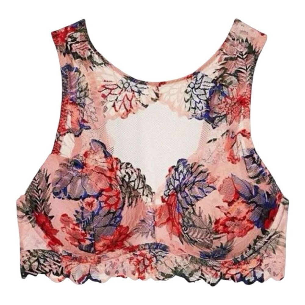 Victoria's Secret PINK Lace Push Up Bralette Red Blue Floral Small DD High Neck